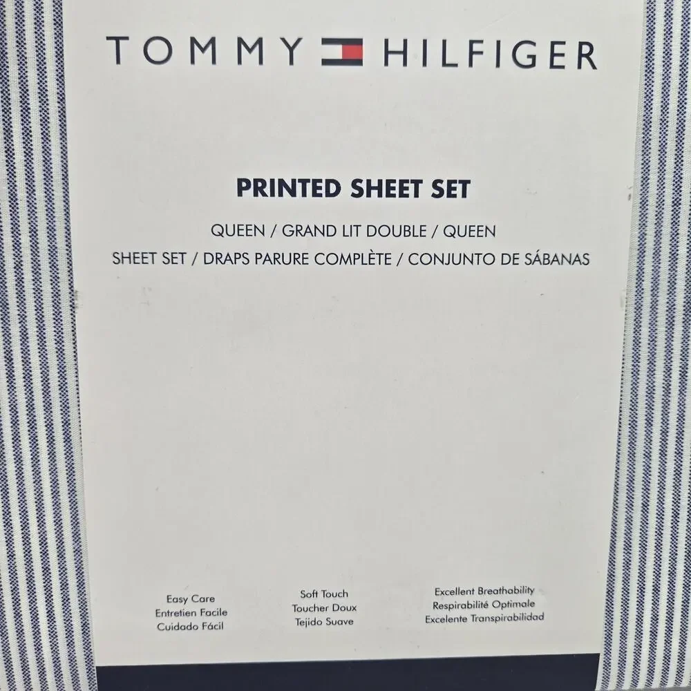 Tommy Hilfiger 4 Piece Queen Size Sheet Set Ithaca Thin Blue White Oxford NEW